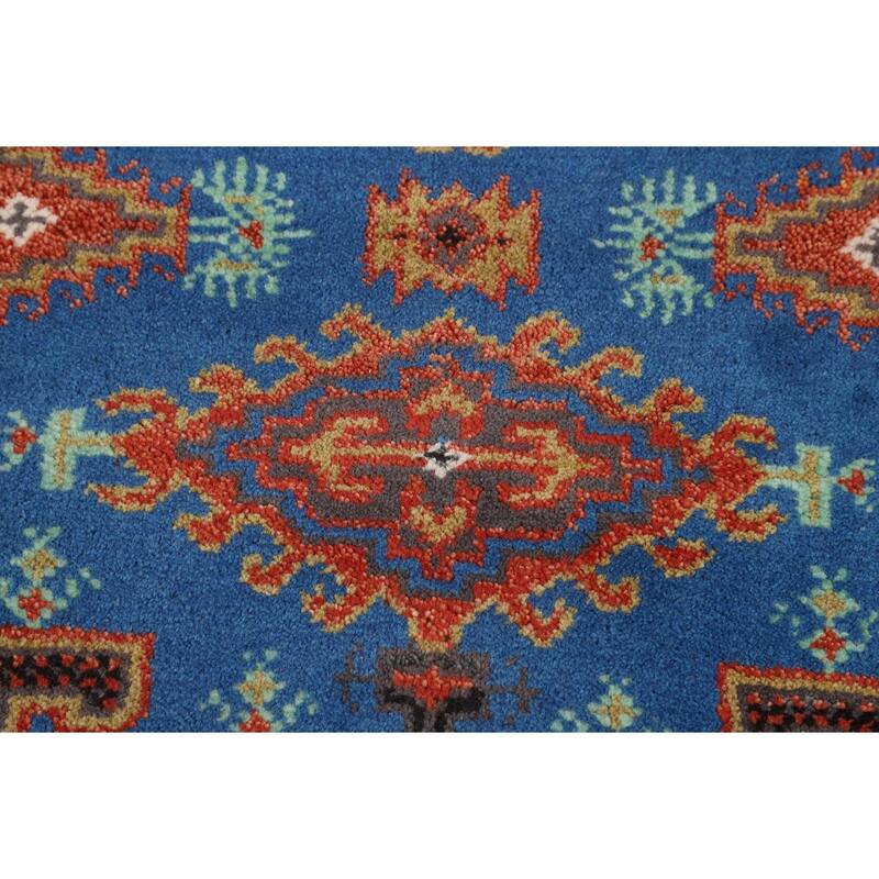 Blue Geometric Viss Indian Runner Rug Handmade Wool Carpet - 2'7"x 10'1"