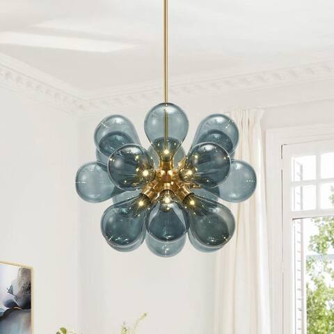 18-Light Blue Glass Bubble Chandelier - 25in Wide Gold