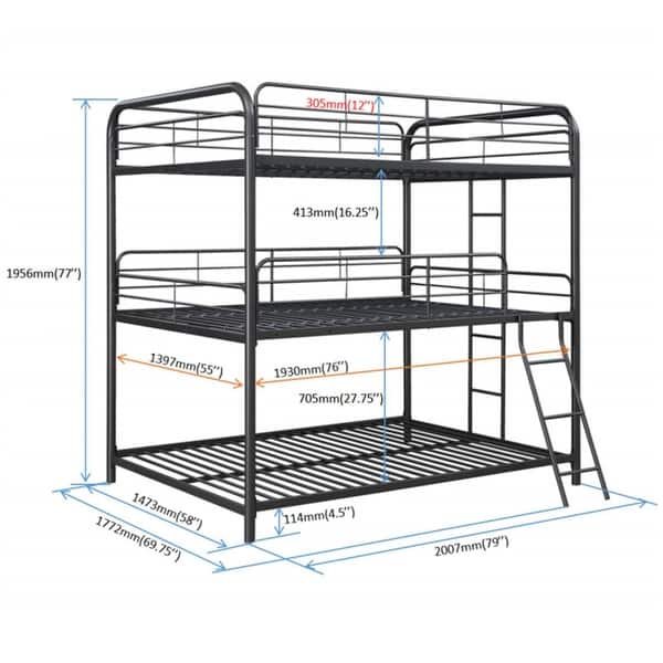 Black Full over Full Size Metal Furniture Triple Bunk Bed with Ladder and Fence for Bedroom, Kids, Boys and Girls