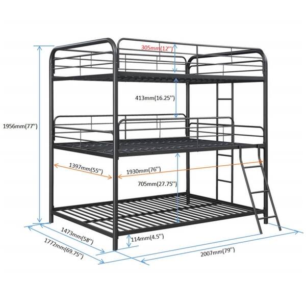 Black Full over Full Size Metal Triple Bunk Bed with Ladder & Fence
