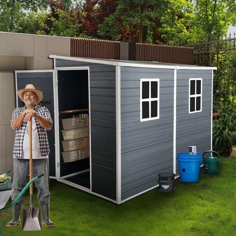 8 x 4 FT Outdoor Resin Garden Shed with Floor and 2 Windows and Lockable Door - Dark Gray