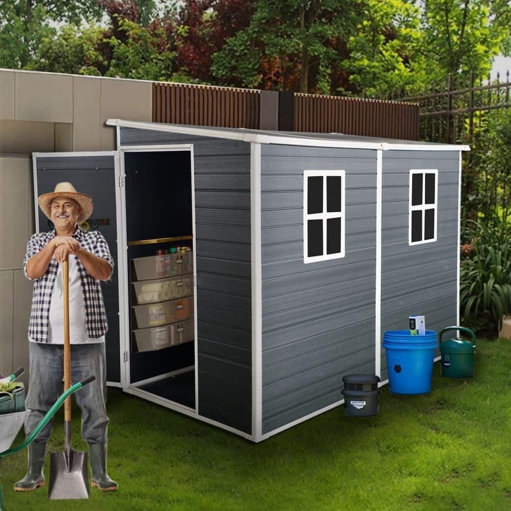 8 x 4 FT Outdoor Resin Garden Shed with Floor and 2 Windows and Lockable Door