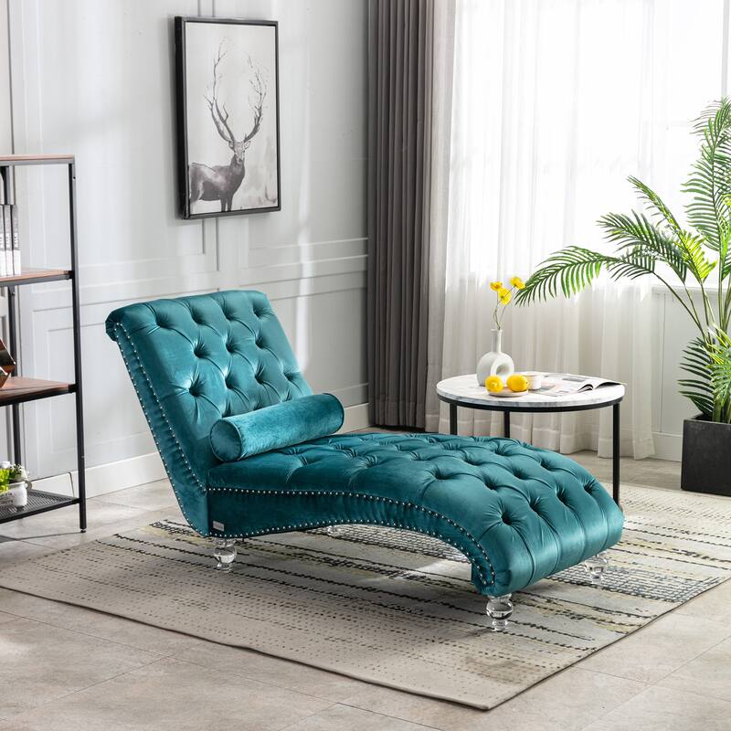 Velvet Tufted Chaise Lounge Chair Ergonomic S Shape Recliner with Pillow, Nailhead Trim and Acrylic Legs for Indoor Use