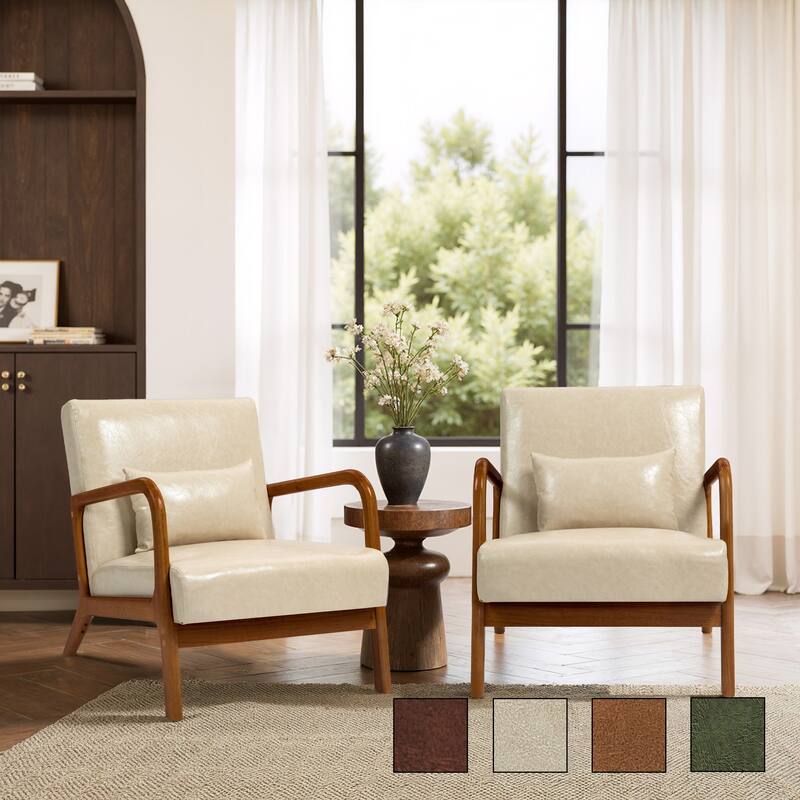 2 Set Mid-Century Modern Faux Leather Accent Chairs with Cushion