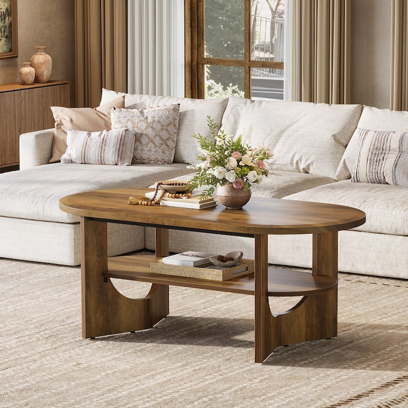 47.24" Farmhouse Oval 2-Tier Center Coffee Table for Living Room - Brown