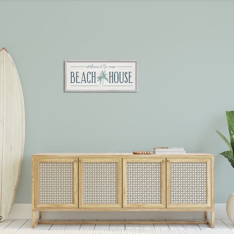 Stupell Welcome to Beach House Sign Blue Palm Trees Framed Wall Art - Green
