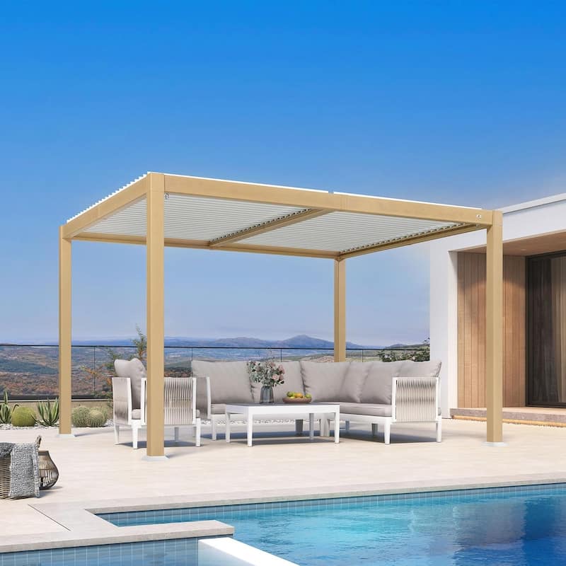 PURPLE LEAF Louvered Pergola Sun Shade Shelter with Adjustable Metal Roof for Patio Hardtop Pergola - 10' x 12' - Wood Grain