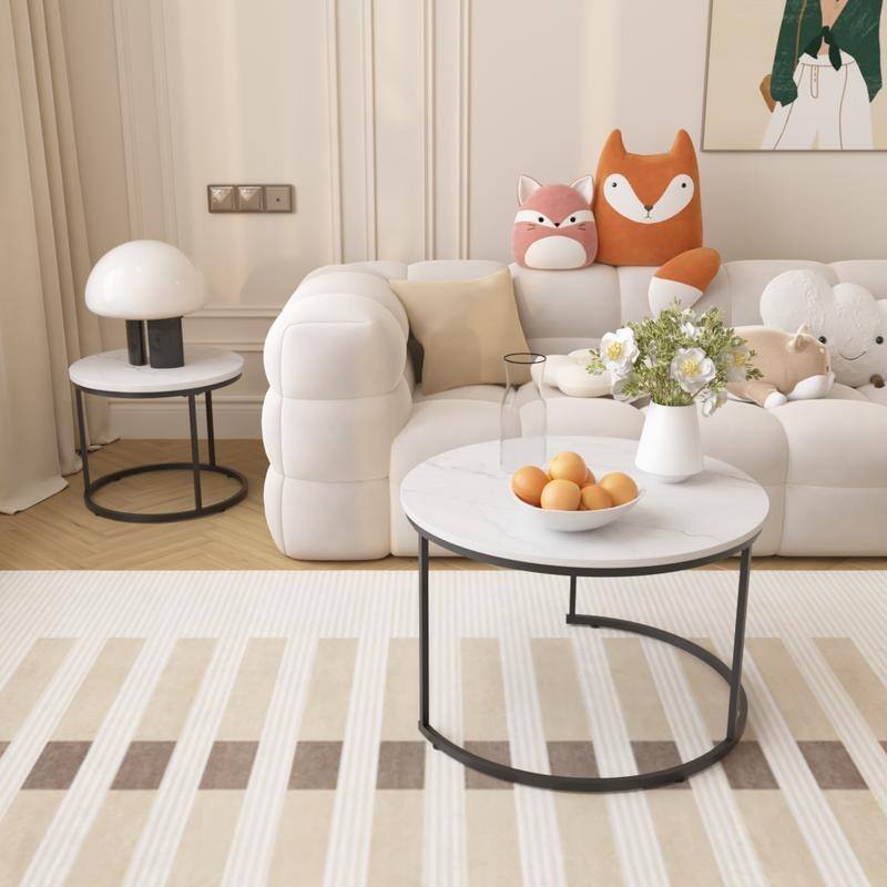 Round Nesting Coffee Table Set of 2 with Marble Pattern Top & Metal Frame