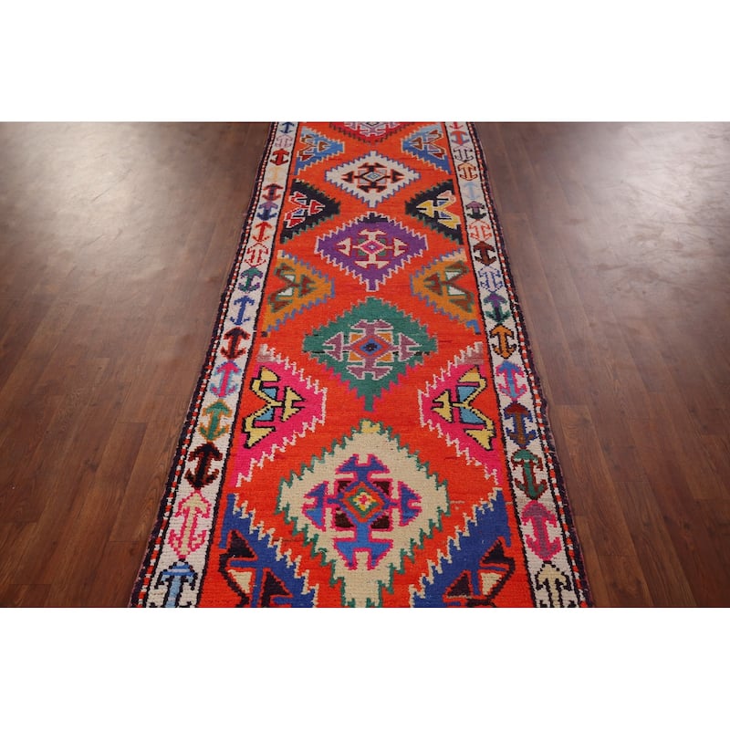 Orange Tribal Anatolian Oriental Runner Rug Handmade Silk Carpet - 3'0"x 13'3"