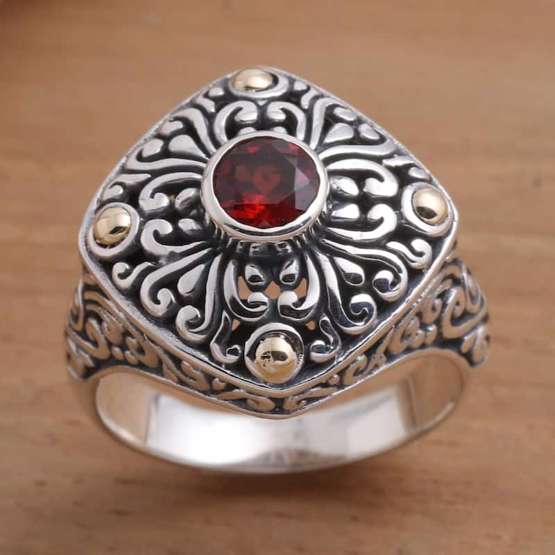 Novica Handmade Temple Base Gold-Accented Garnet Cocktail Ring