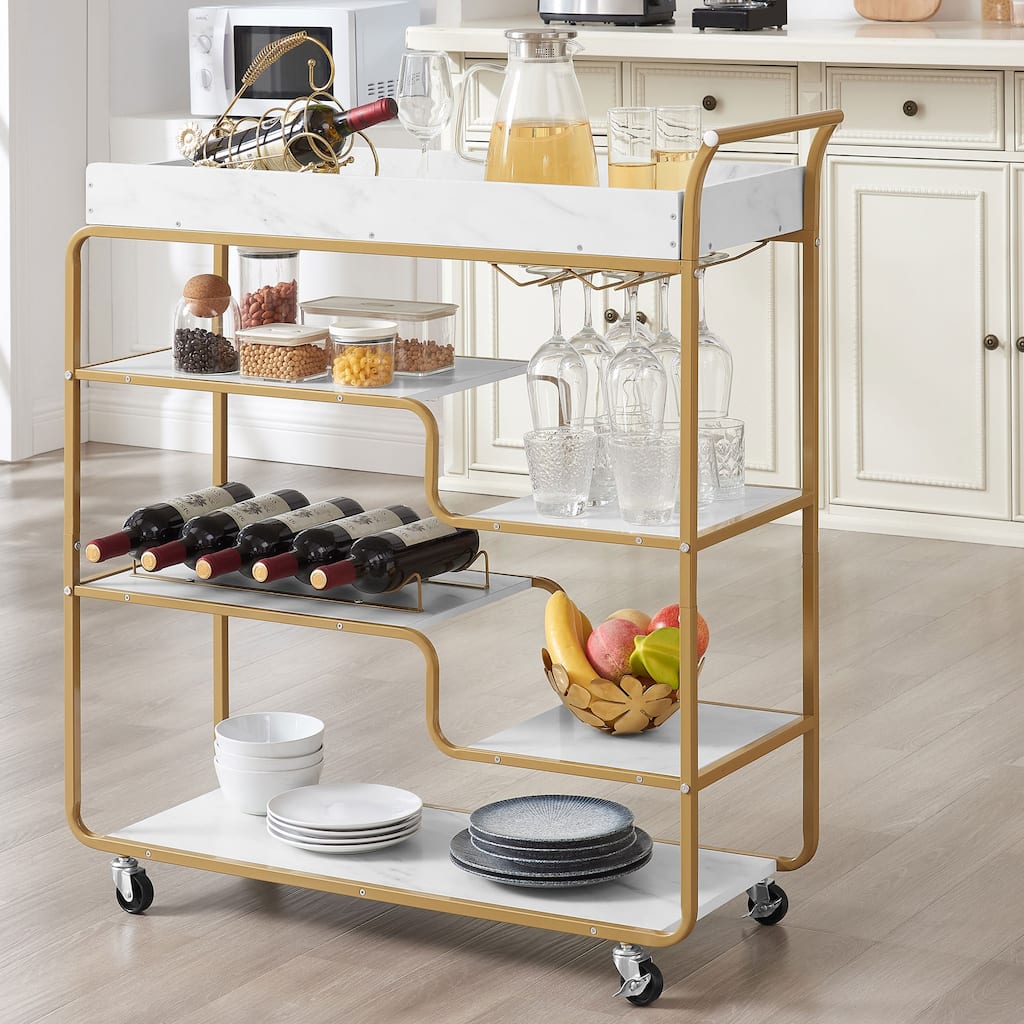 Vintage Wine Bar Cart, 6-Tier Serving Trolley with Faux Marble & Gold Frame for Kitchen & Dining