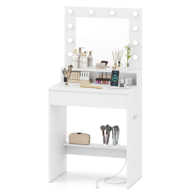 Costway Vanity Desk with Mirror and Lights with 3 Light Modes & - See Details - White