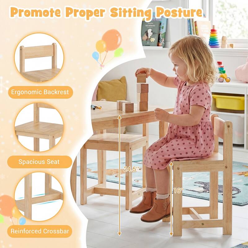 Gymax 5-Piece Kids Table and Chairs Set Solid Rubber Wood Toddler