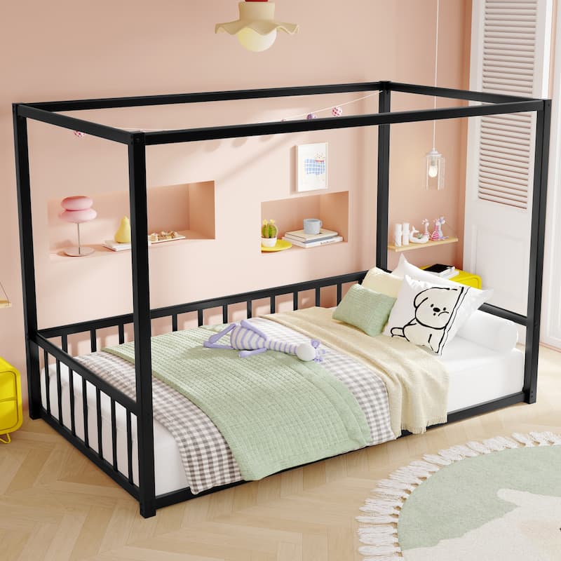 Modern Metal Floor Bed with Guardrails
