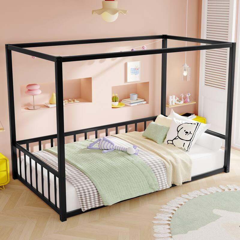 Twin Size Sunshade Floor Bed, Iron Double-Size Bed Frame,Equipped With Fence-Style Guardrails