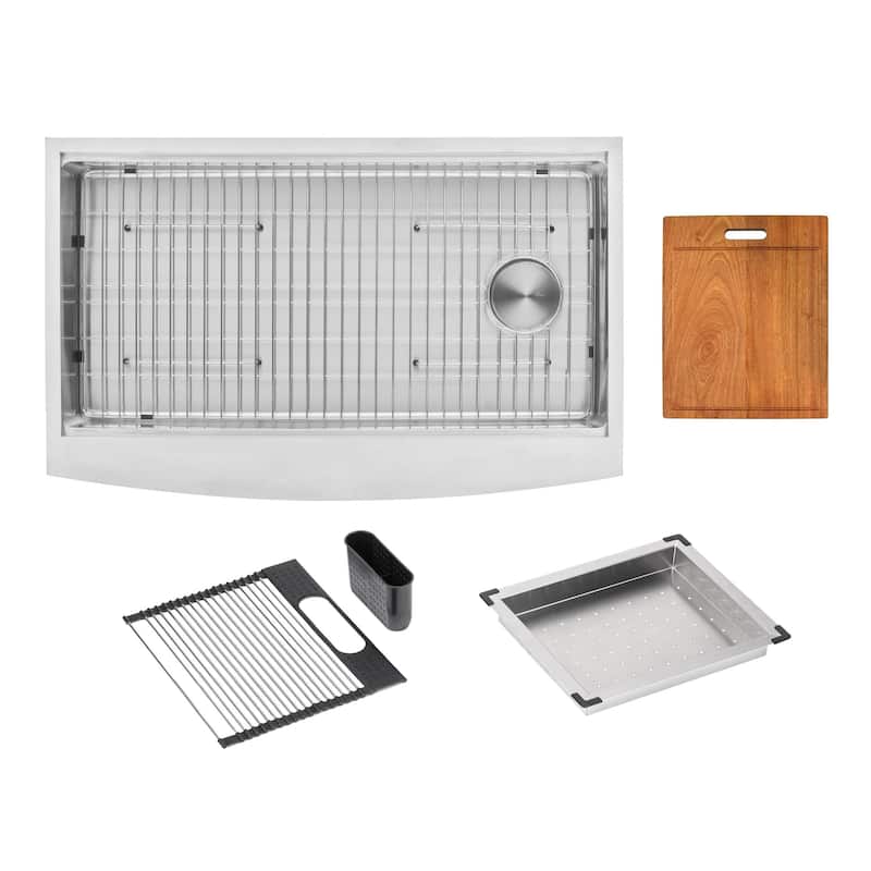 Enthous Workstation 36 Inch Farmhouse Apron 16 Gauge Single Bowl Stainless Steel Kitchen Sink Integrated Ledge 15mm Radius - Silver