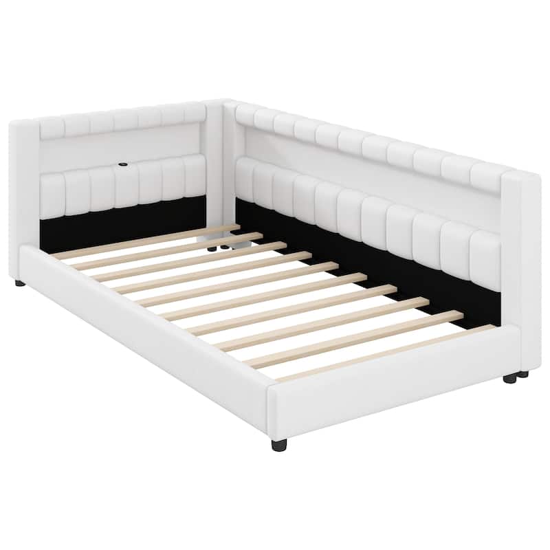 Upholstered Low-Profile Daybed Platform Bed Built-in USB Ports and LED Light Belt, Grounded Design with Padded Backrest