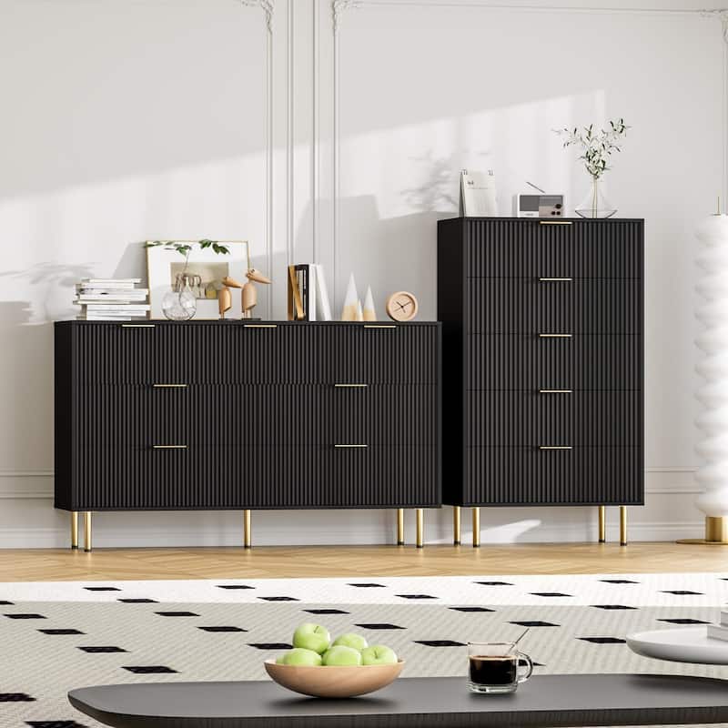 5 Drawer Fluted Dresser for Bedroom, Modern Wooden Storage Chest with Gold Handles