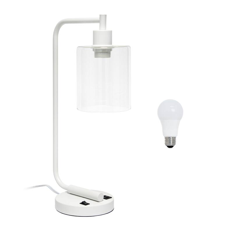 Simple Designs 18.8" Iron Lantern Desk Table Lamp with USB Port, Antique Brass, With LED Bulb - White