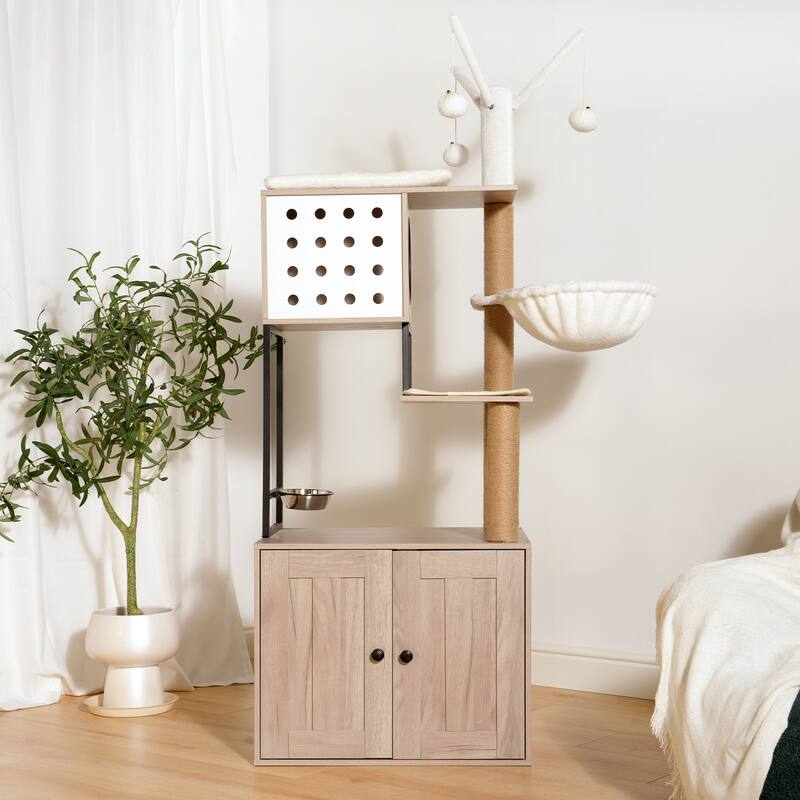 Cat Tree with Litter Box Enclosure - Modern Cat Condo with Scratching Posts, Feeding Bowl & Removable Pompom Sticks - White+gray