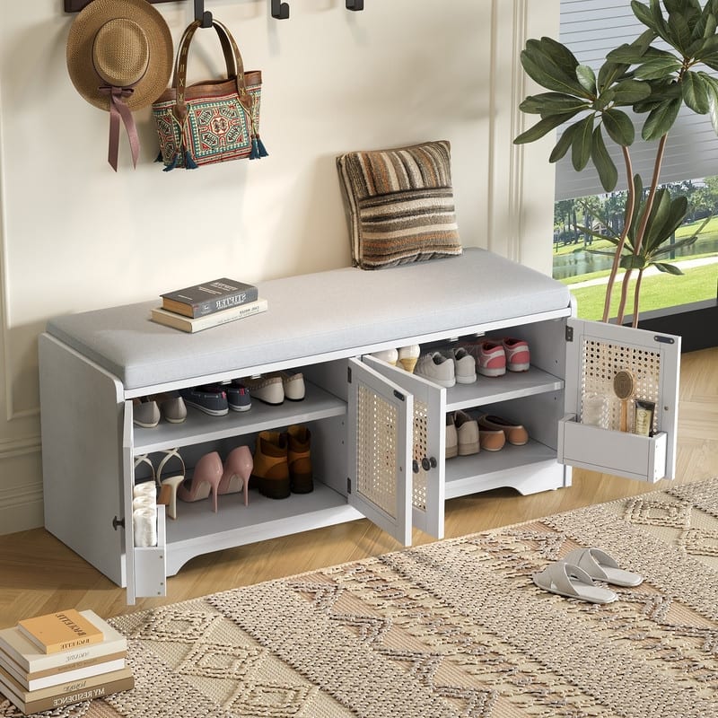 Rustic 47.4" Storage Bench Multifunctional Wooden Entryway Organizer with Removable Cushion and Rattan Doors