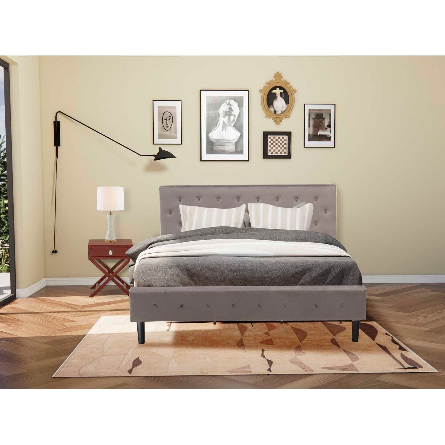 2 Piece Bed Set - Velvet Upholstered Platform Bed & Nightstand - Button Tufted Design