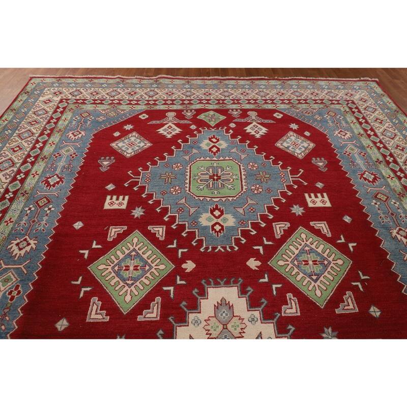 Red Geometric Kazak Oriental Large Area Rug Handmade Wool Carpet - 9'9" x 15'11"
