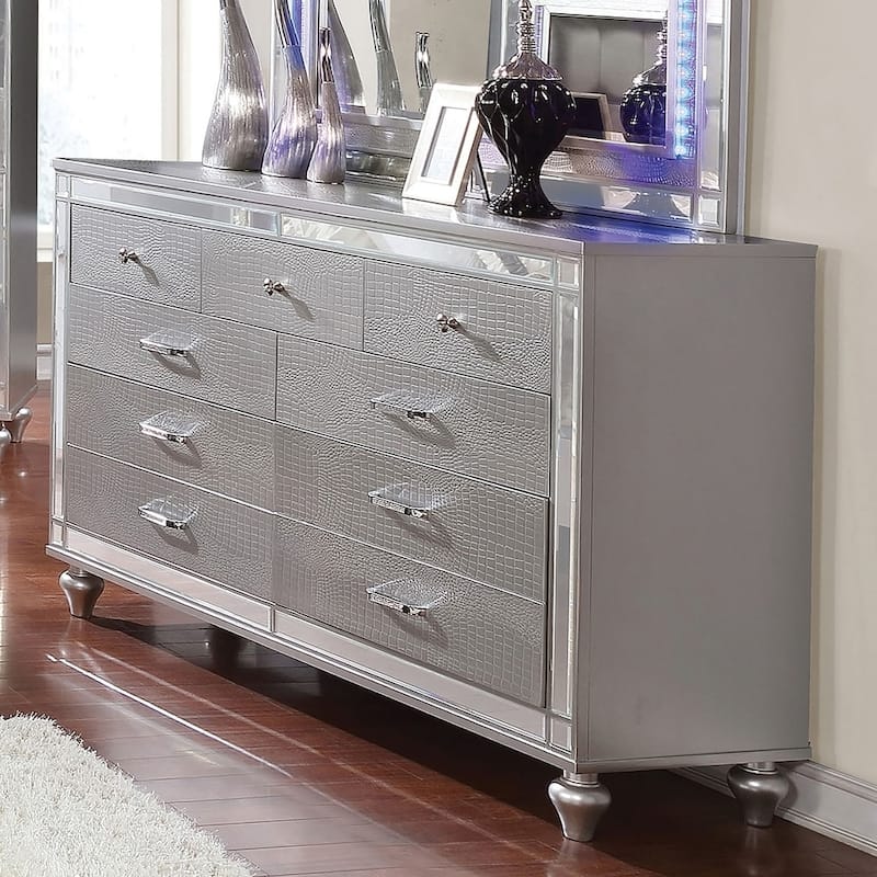 Derc Modern 62-inch Wide Solid Wood 9-Drawer Dresser by Furniture of America - Silver