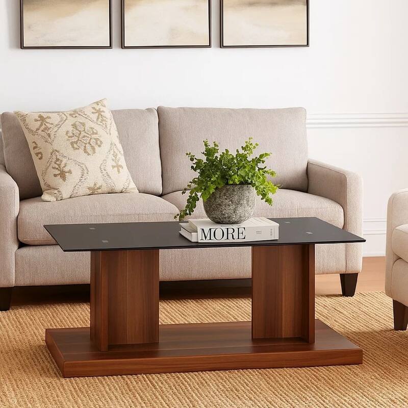 Liam 47 Inch Rectangular Coffee Table, Brown Wood, Pedestal Base, Glass Top