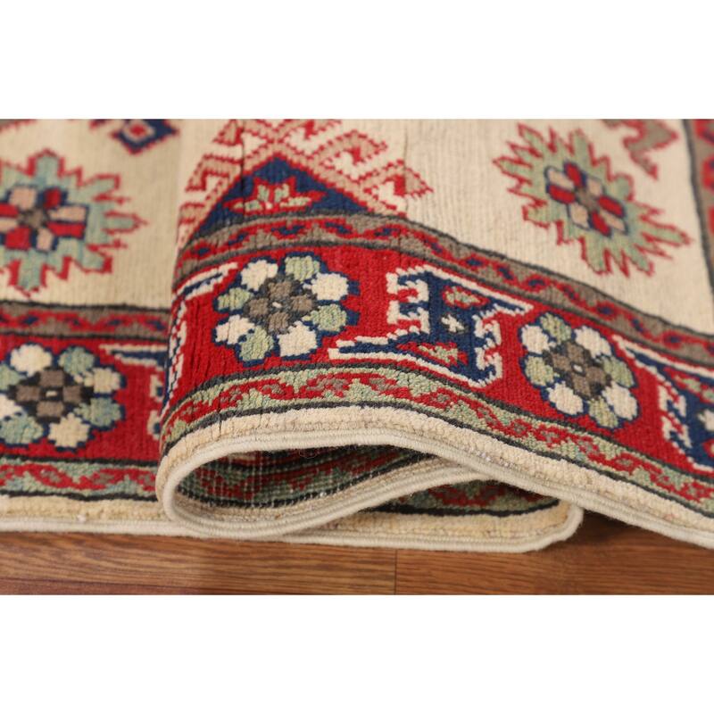 Beige Geometric Kazak Foyer Rug Hand-Knotted Wool Carpet - 2'9" x 4'1"