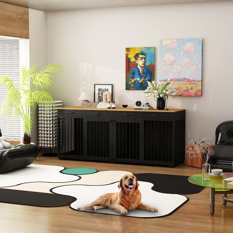Wooden Double Dog Crates Indoor Furniture with Divider and 4 Drawers