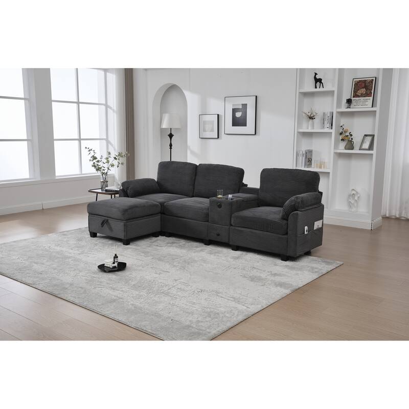 HOMEFUN Corduroy Upholstered L-Shaped 4-seater Storage Multifunctional Sectional Sofa with Storage Ottoman,Cup Holder and USB - Dark Grey