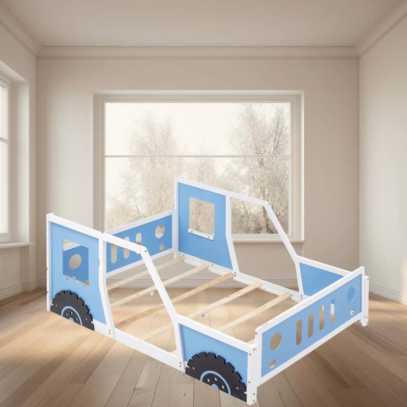 Full Size Classic Car-Shaped Wooden Platform Bed Frame with Wheels, Windows, Fun and Playful Design for Kids, for Bedroom - Blue - Full
