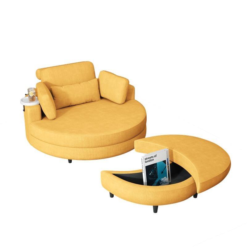 51-inch corduroy sofa with two throw pillows and a waist pillow with an extra tray