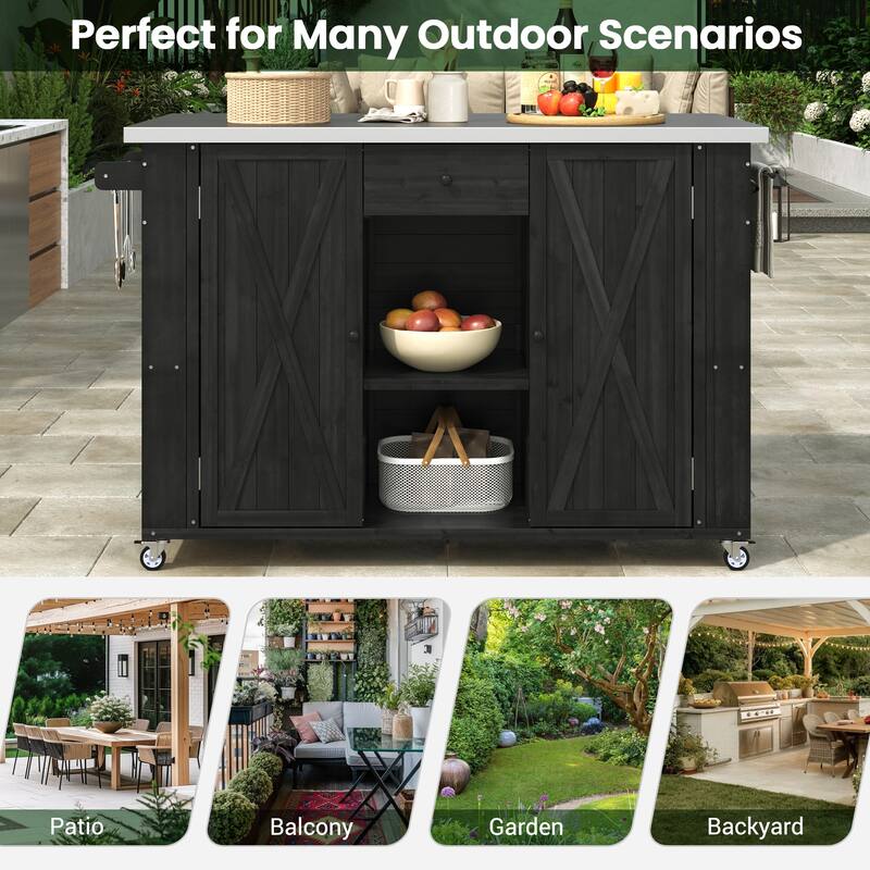 Outdoor Kitchen Island with Foldable Stainless Steel Top & Bottle Opener, Fir Wood Kitchen Island with Shelves and Towel Racks
