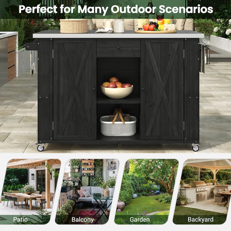Roomfitters Outdoor Fir Wood Kitchen Island with Stainless Steel Top Towel & Spice Racks Bottle Opener