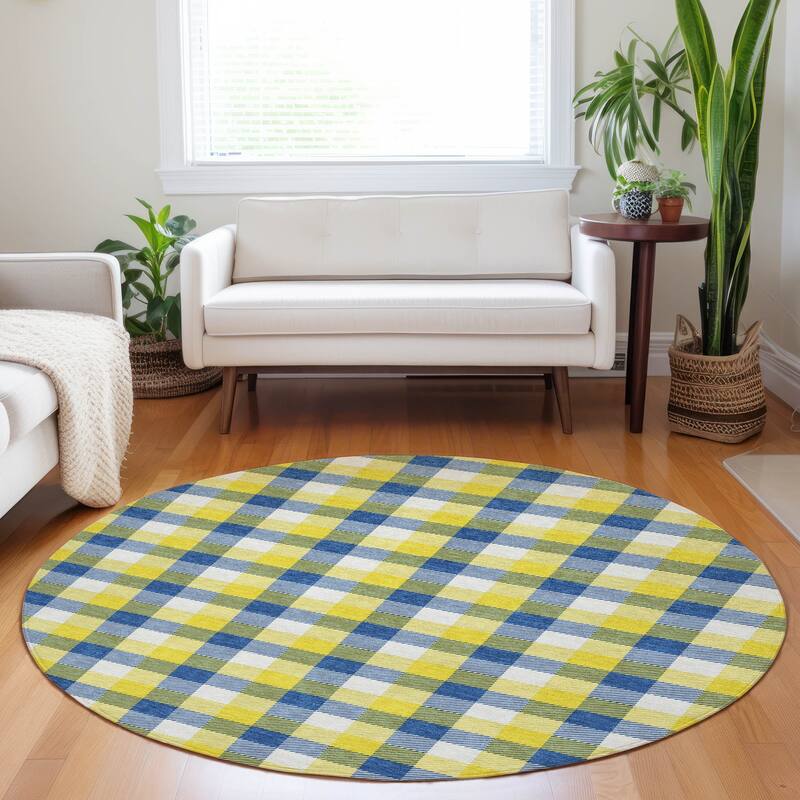 Machine Washable Indoor/ Outdoor Plaid Chantille Rug - Yellow - 8' x 8'
