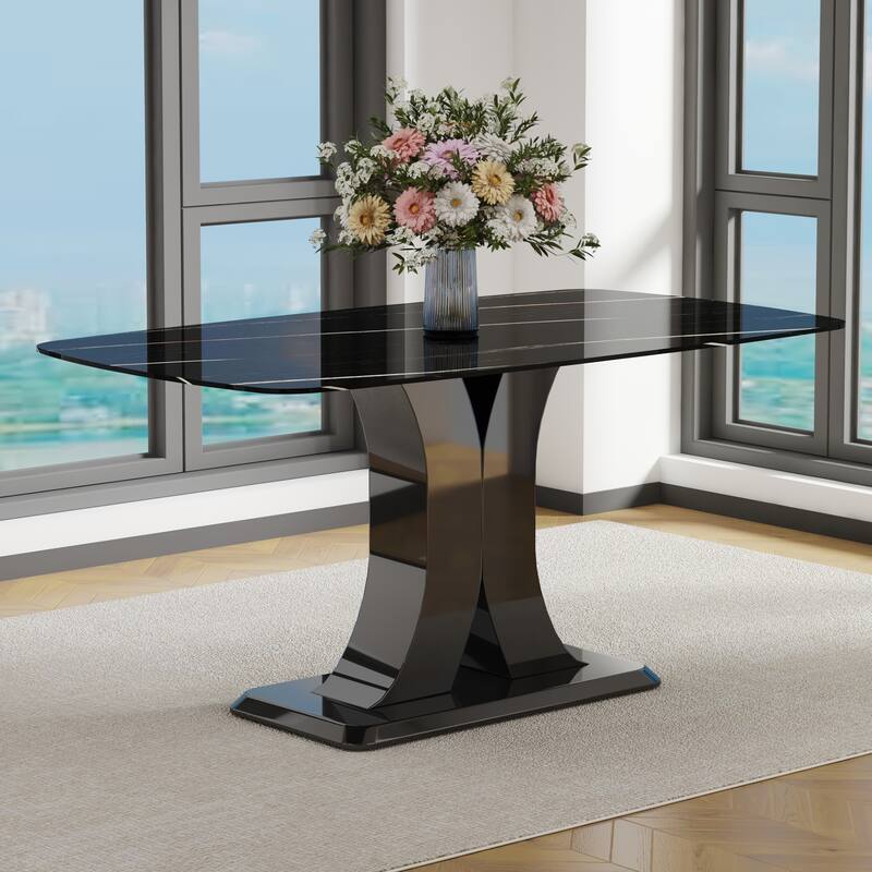 Rectangular 63" Marble Dining Table with X-Shape MDF Base