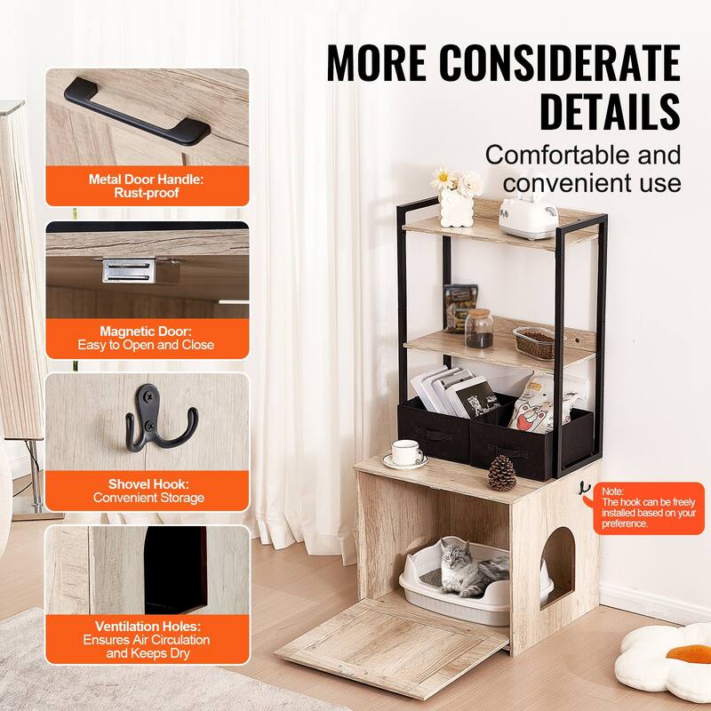 Natural MDF Hidden Cat Litter Box Enclosure Furniture with 2 Open Shelves and 2 Baskets