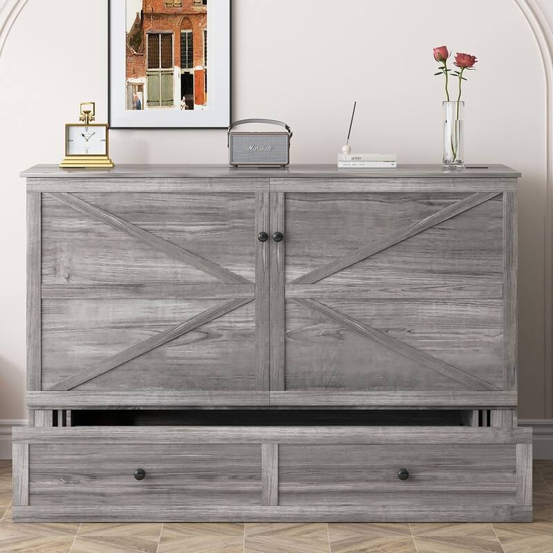 Mixoy Modern Full/Queen Size Murphy Bed Chest with Mattress and Storage