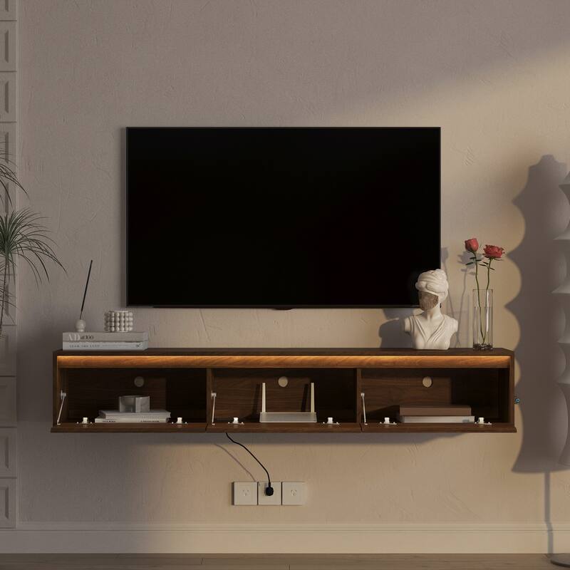 Floating TV Stand Cabinet with LED Lights, Wall Mounted TV Console with Power Outlet