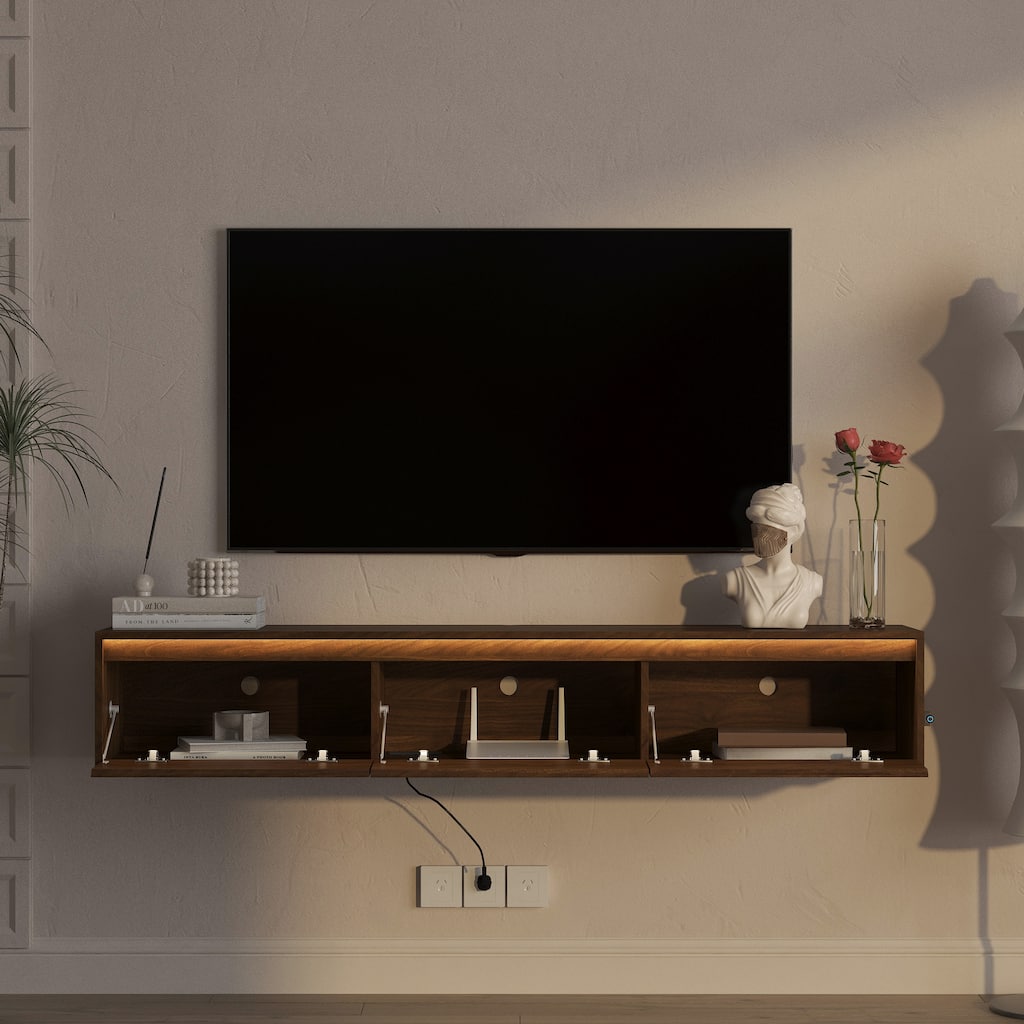 High Gloss Floating TV Stand with LED Lights & Power Outlet, Wall Mounted Entertainment Shelf for Living Room