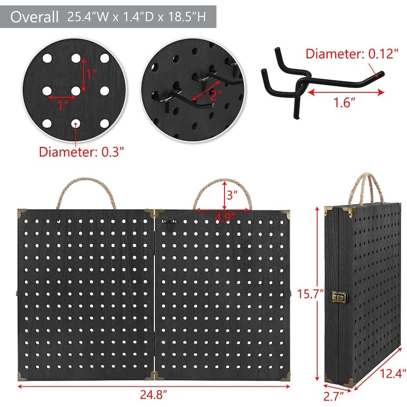 Wooden 2 Panel Pegboard Jewelry Display Organizer with 48 Black Hooks - S