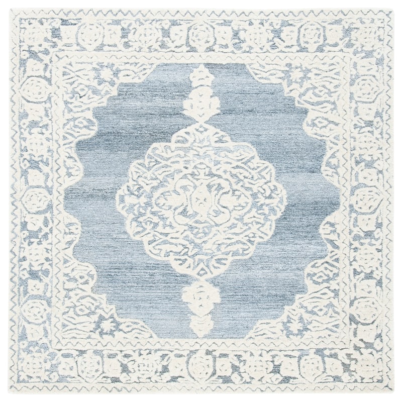 SAFAVIEH Handmade Micro-Loop Gerhild Medallion Wool Rug - 5' Square - Light Blue/Ivory