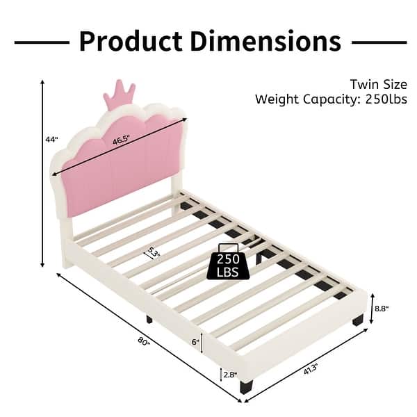 dimension image slide 3 of 4, Cute Girl Princess Bed with Crown Headboard, PU Upholstered Platform Bed, Wood Panel Bed Low Profile Bed