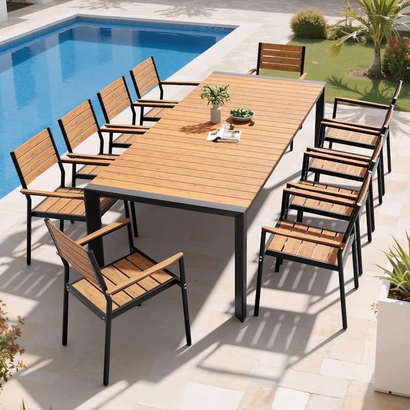 Set of 11 Outdoor Patio Dining Set WoodLike Table Top Aluminum Umbrella Hole Table with Stackable Chairs - Brown