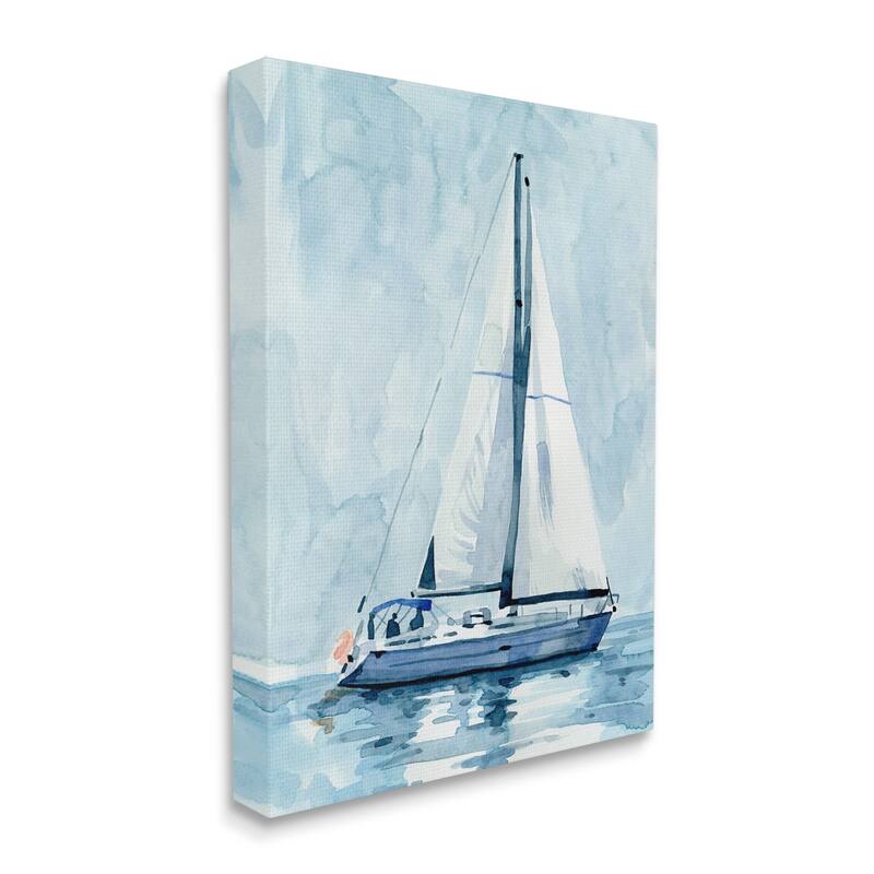 Stupell Nautical Blue Sailboat Tranquil Coastal Water Watercolor Painting Canvas Wall Art - White