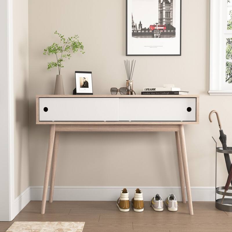 Natural Wood Entryway Console Table with 2 Sliding Doors, Storage Sofa Table for Hallway & Living Room