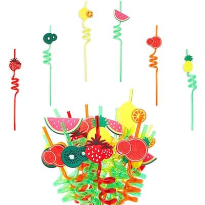 Reusable Straws with Fun Fruit Charms for Party (10.75 In, 6 Designs, 24 Pieces)