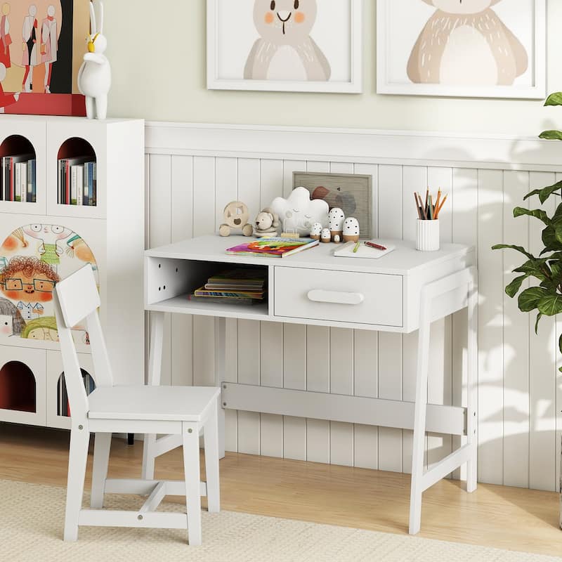 Kids Study Table and Chair Set with Storage Drawer and Hutch and Pine Wood Frame for 3 Over Years Old - 33.5" x 19" x 27.5"